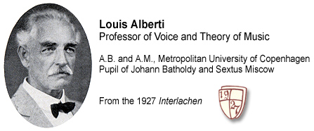 Louis Alberti. Professor of Voice and Theory of Music. A. B. and A. M., Metropolitan University of Copenhagen. Pupil of Johann Batholdy and Sextus Miscow. From the 1927 Interlachen