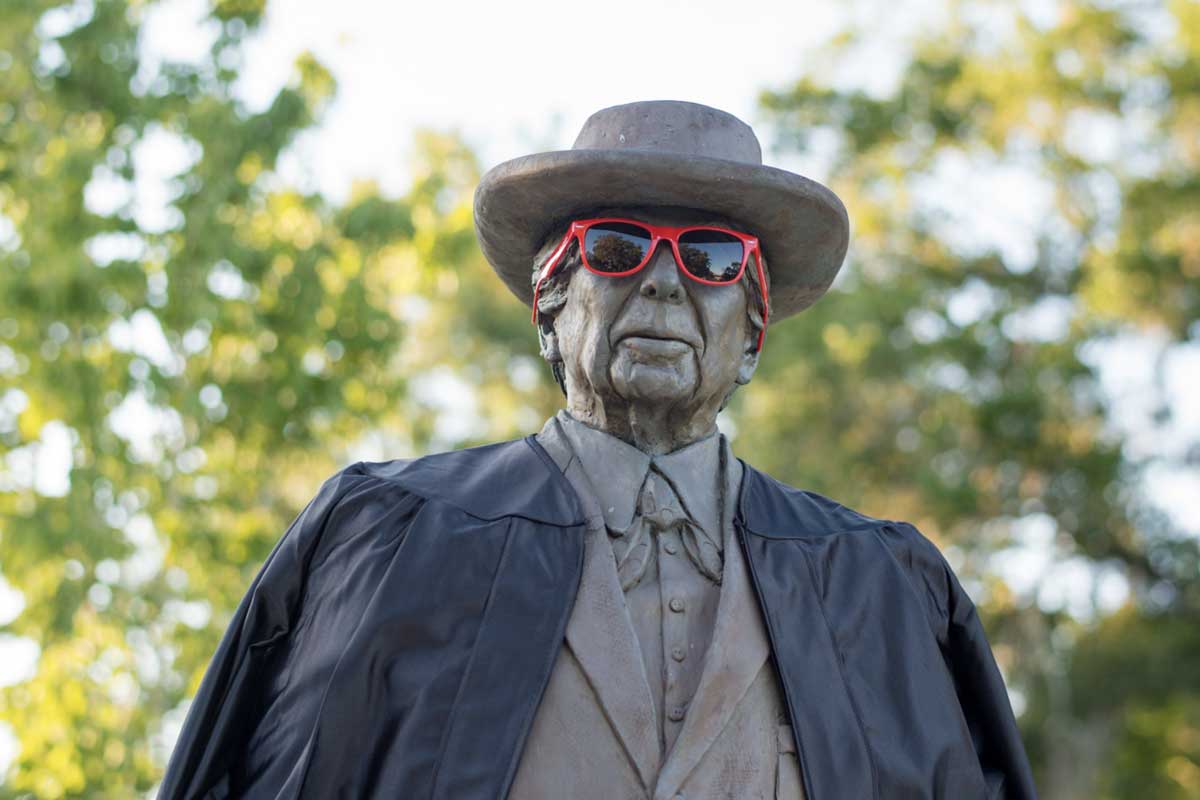 Wright statue wearing sunglasses