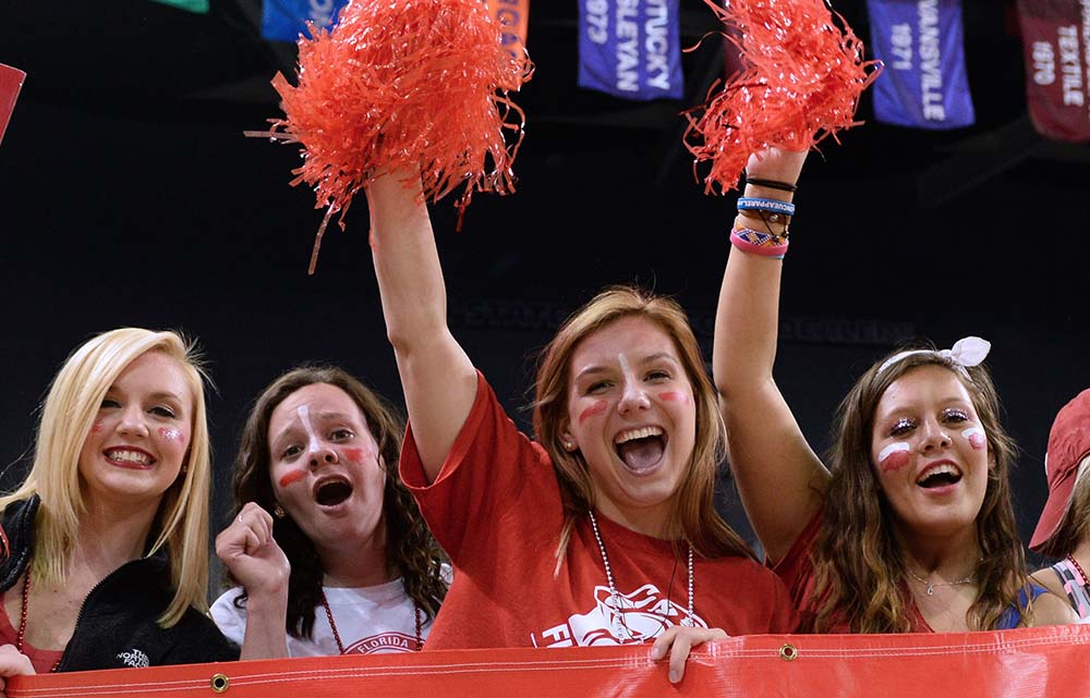 cheering fans with face paint and pom-poms