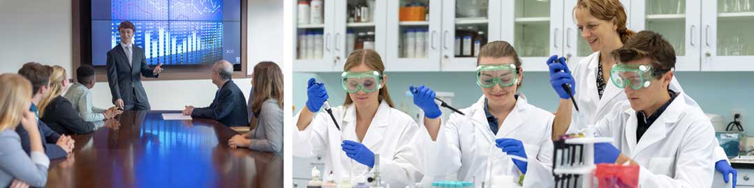 students in business and science classrooms
