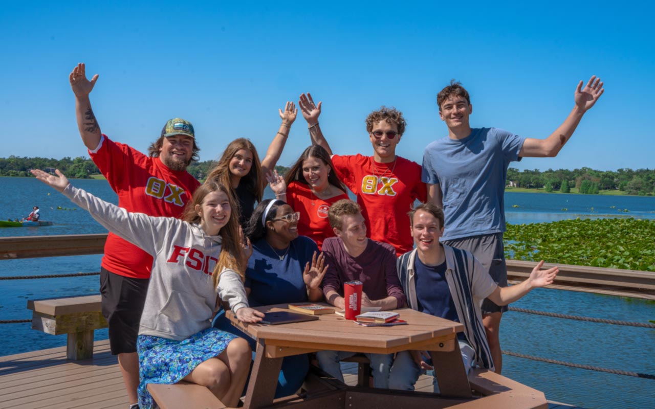 students at the lake