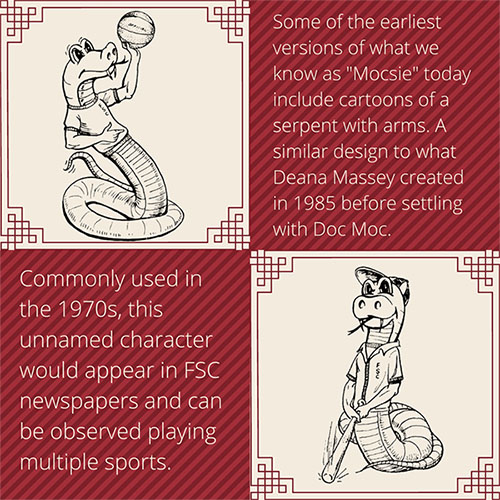 Some of the earliest versions of what we know as Doc Moc. Commonly used in the 1970s, this unnamed character would appear in FSC newspapers and can be observed playing multiple sports.