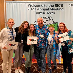 (From left to right) Abby Tarleton '23, Rowan Marshall '23, Sophi Brice '25, Dr. Jason Macrander, Zaphillia Yost '24, and Abiageal Ketchersid '23 at SICB Research Conference in Austin, Texas.