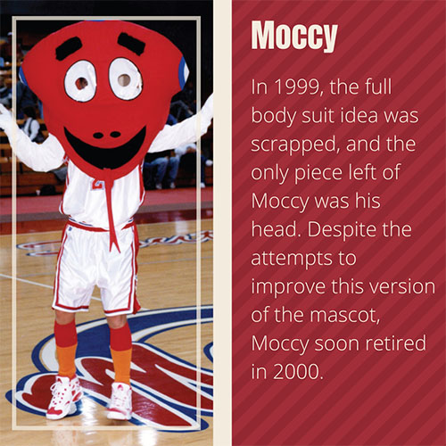 In 1999, the full body suit idea was scrapped, and the only piece left of Moccy was his head. Despite the attempts to improve this version of the mascot, Moccy soon retired in 2000.