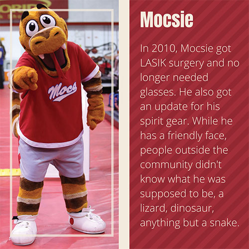 In 2010, Mocsie got LASIK surgery and no longer needed glasses. He also got an update for his spirit gear. While he has a friendly face, people outside the community didn't know what he was supposed to be, a lizard, dinosaur, anything but a snake.