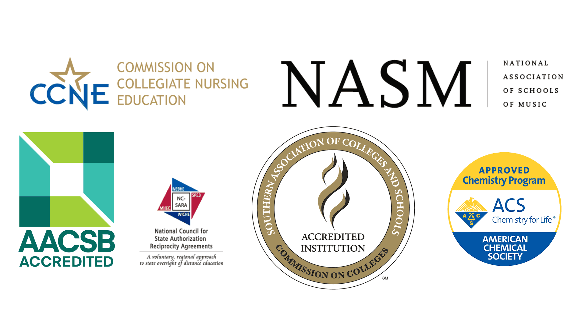 accreditation logos: Commission on Collegiate Nursing Education, National Association of Schools of Music, AACSB Accredited, National Council for State Authorization Reciprocity Agreements, Southern Association of Colleges and Schools, American Chemical Society Approved Chemistry Program