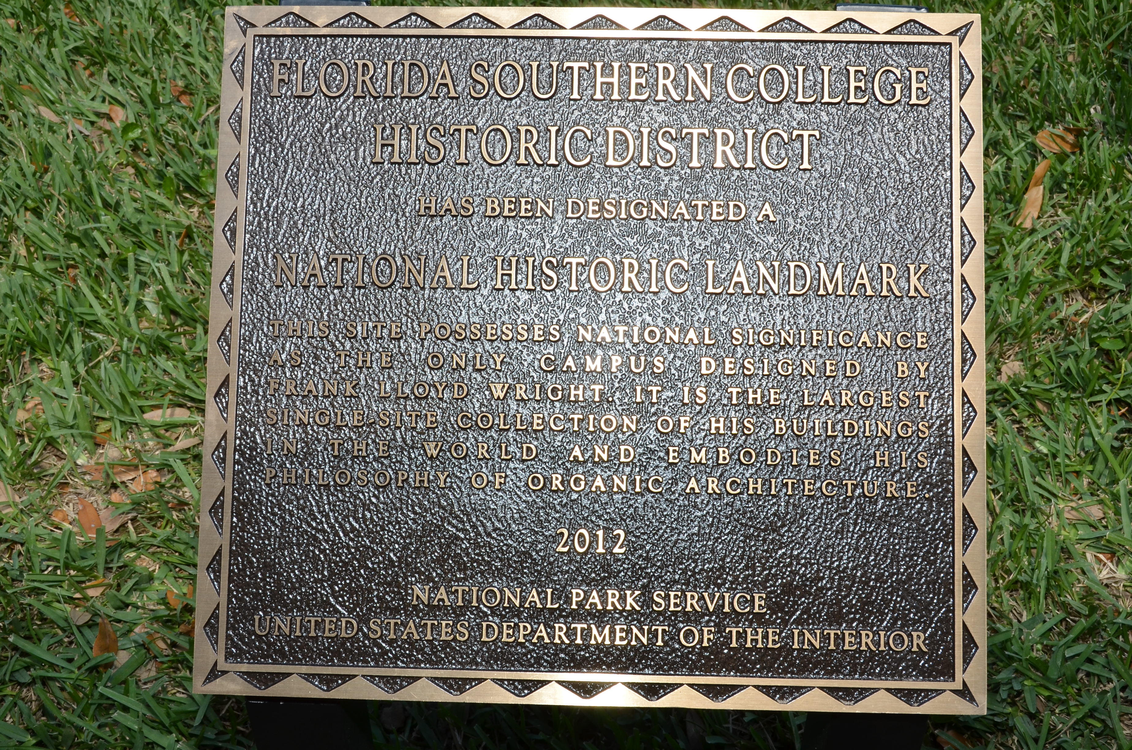 Florida Southern College Historic District has been designated a National Historic Landmark. This site possesses national significance as the only campus designed by Frank Lloyd Wright. It is the largest single-site collection of his buildings in the world and embodies his philosophy of organic architecture. 2012. National Park Service. United States Department of the Interior.